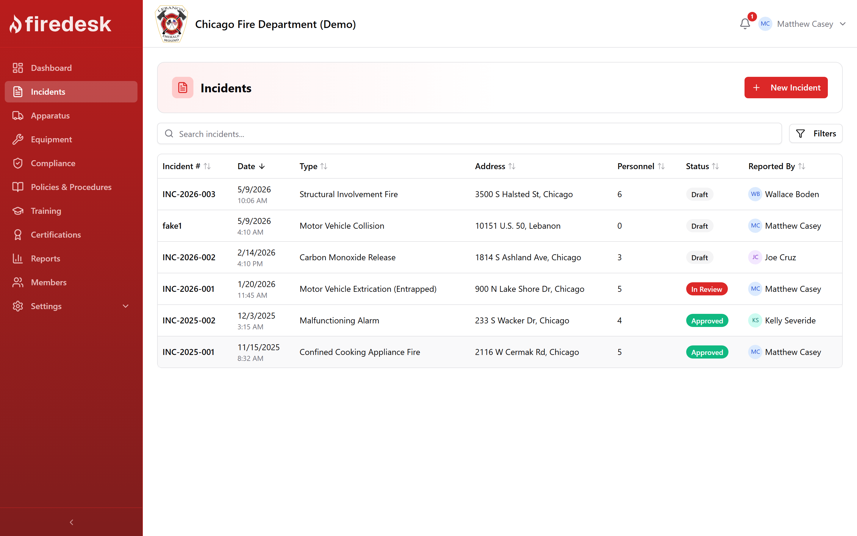 Firedesk incidents list grouped by type with NERIS-coded badges
