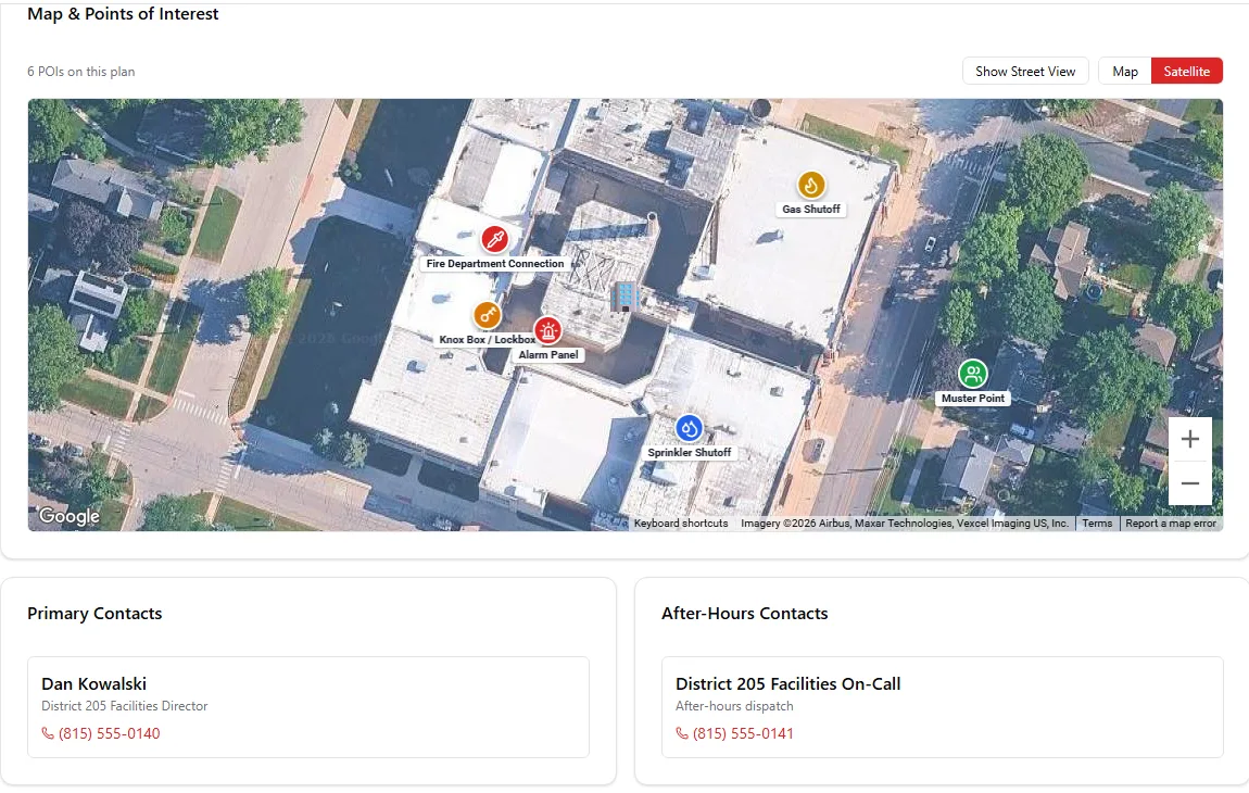 Firedesk pre-plan showing a satellite map of a school campus with glyph-coded points of interest and emergency contact cards