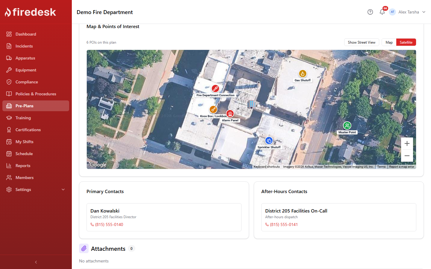 Firedesk pre-plan showing a satellite map of a school campus with glyph-coded points of interest and emergency contact cards