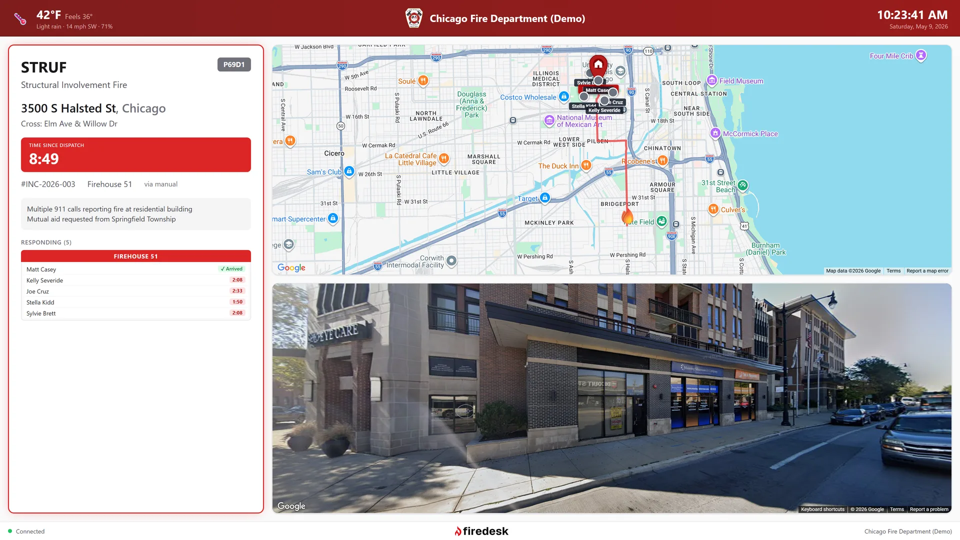 Firedesk station display showing a live structure fire incident with responder ETAs and a map of the responding crew