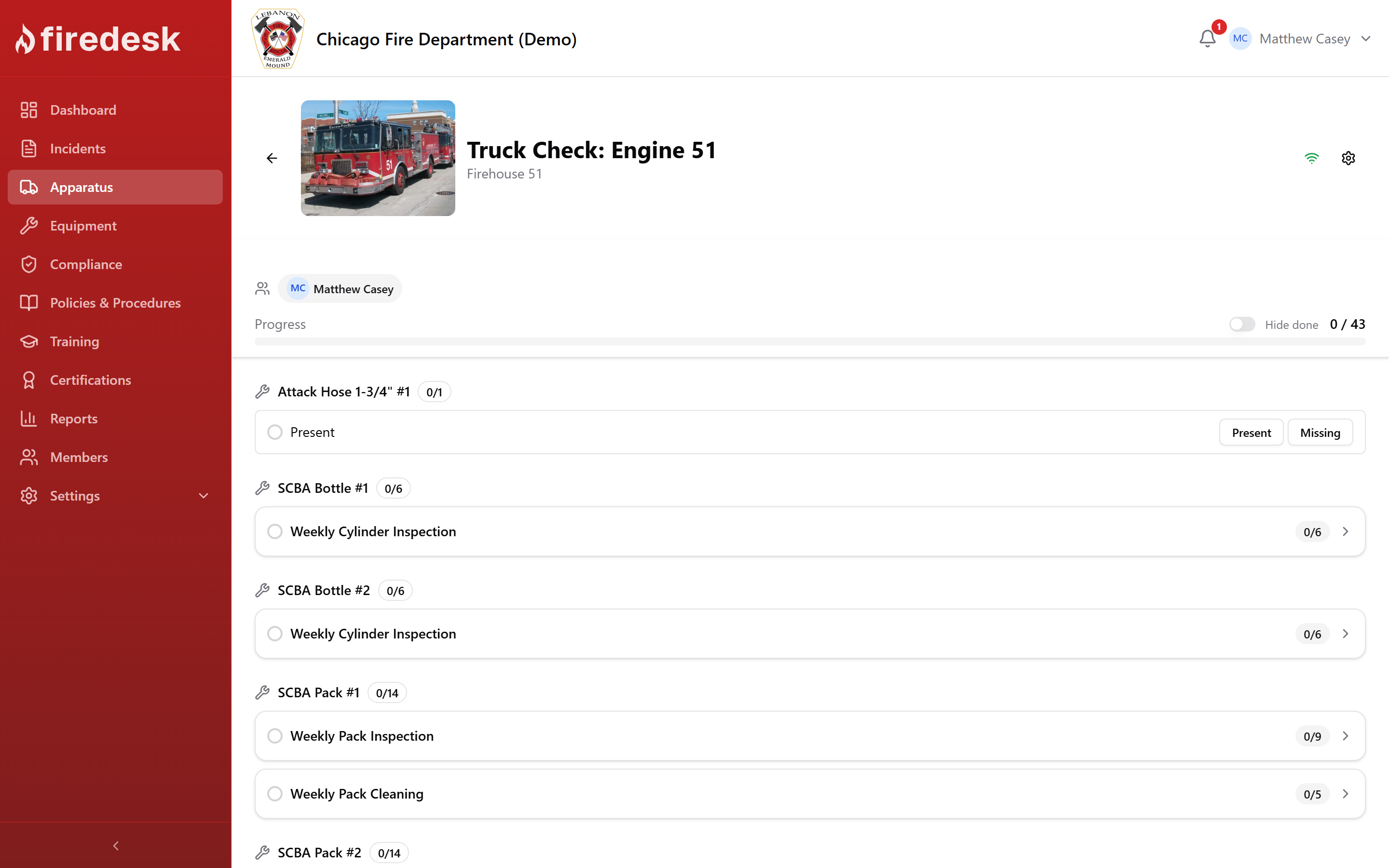 Firedesk truck check session showing checklist progress for Engine 51